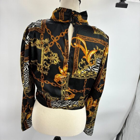 Guess Women's Black Gold Chain Print Long Sleeve Blouse M Polyester - Picture 4 of 6